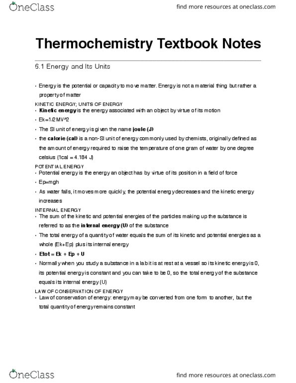 CHEM 1050 Chapter Notes - Chapter 6.1 - 6.5: Contact Energy, Stoichiometry, Enthalpy thumbnail